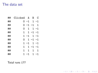 The data set
## Clicked A B C
## 0 -1 1 -1
## 0 -1 -1 1
## 0 1 1 -1
## 1 1 -1 -1
## 1 -1 1 -1
## 0 1 -1 -1
## 1 -1 1 -1
## 1 1 -1 -1
## 1 1 1 1
## 1 -1 1 -1
Total runs 177
 