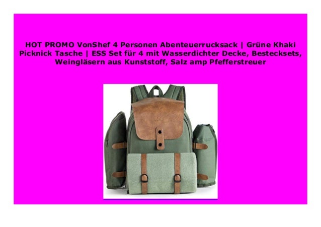 Weingl/äsern aus Kunststoff Bestecksets Gr/üne Khaki Picknick Tasche Salz- /& Pfefferstreuer ESS-Set f/ür 4 mit Wasserdichter Decke VonShef 4 Personen Abenteuerrucksack