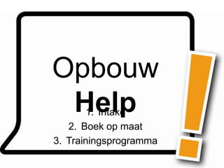 Opbouw
 Help  1. Intake
   2. Boek op maat
3. Trainingsprogramma
 
