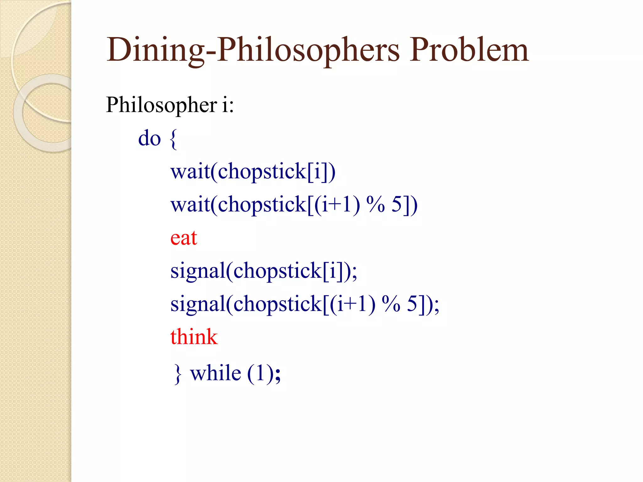 Dining-Philosophers Problem
Philosopher i:
do {
wait(chopstick[i])
wait(chopstick[(i+1) % 5])
eat
signal(chopstick[i]);
signal(chopstick[(i+1) % 5]);
think
} while (1);
 