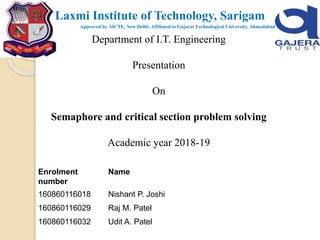 Department of I.T. Engineering
Presentation
On
Semaphore and critical section problem solving
Academic year 2018-19
Laxmi Institute of Technology, Sarigam
Approved by AICTE, New Delhi; Affiliated to Gujarat Technological University, Ahmedabad
Enrolment
number
Name
160860116018 Nishant P. Joshi
160860116029 Raj M. Patel
160860116032 Udit A. Patel
 