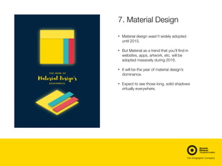 7. Material Design
• Material design wasn’t widely adopted
until 2015.
• But Material as a trend that you’ll find in
websi...