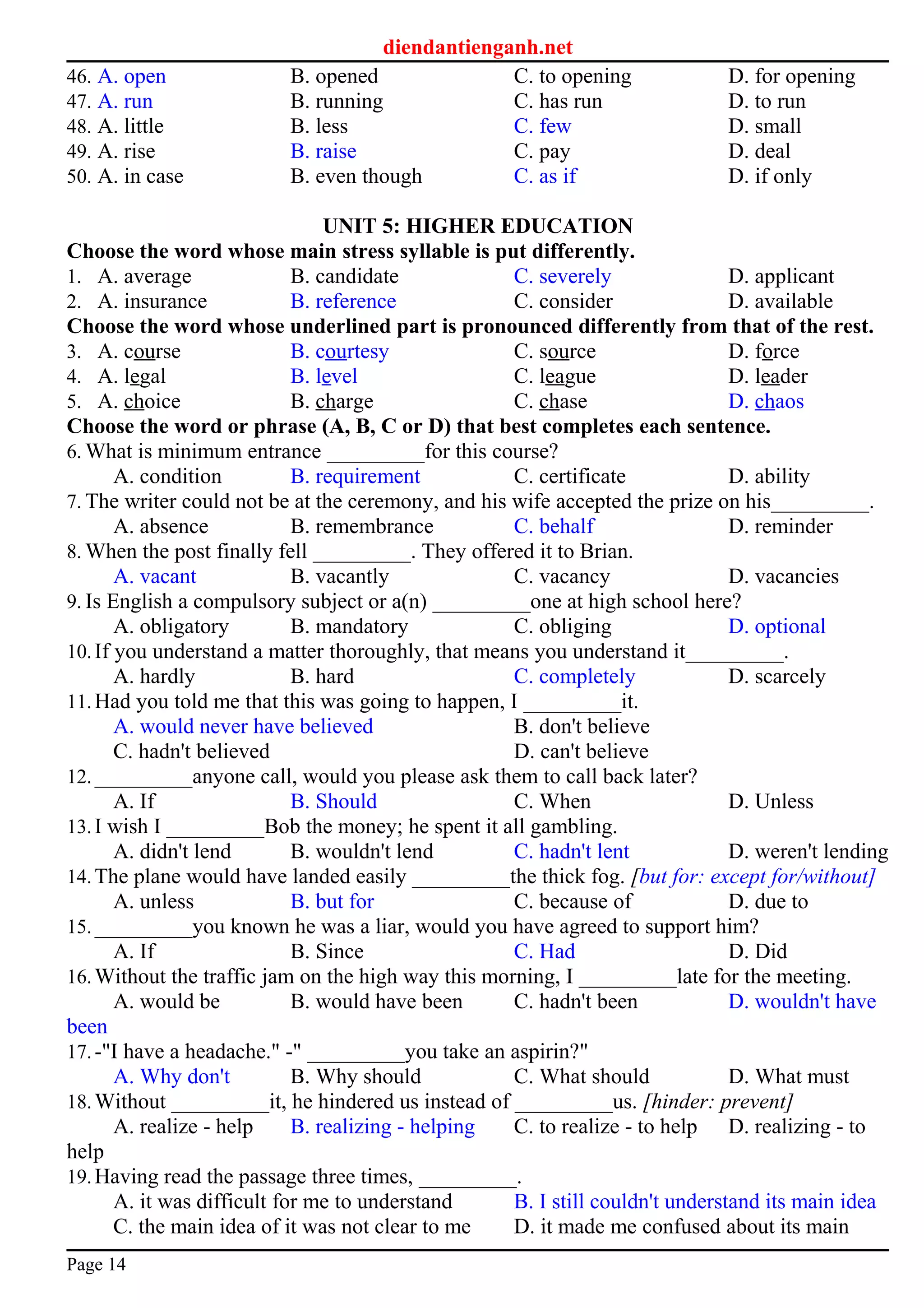 diendantienganh.net
46. A. open B. opened C. to opening D. for opening
47. A. run B. running C. has run D. to run
48. A. little B. less C. few D. small
49. A. rise B. raise C. pay D. deal
50. A. in case B. even though C. as if D. if only
UNIT 5: HIGHER EDUCATION
Choose the word whose main stress syllable is put differently.
1. A. average B. candidate C. severely D. applicant
2. A. insurance B. reference C. consider D. available
Choose the word whose underlined part is pronounced differently from that of the rest.
3. A. course B. courtesy C. source D. force
4. A. legal B. level C. league D. leader
5. A. choice B. charge C. chase D. chaos
Choose the word or phrase (A, B, C or D) that best completes each sentence.
6. What is minimum entrance _________for this course?
A. condition B. requirement C. certificate D. ability
7. The writer could not be at the ceremony, and his wife accepted the prize on his_________.
A. absence B. remembrance C. behalf D. reminder
8. When the post finally fell _________. They offered it to Brian.
A. vacant B. vacantly C. vacancy D. vacancies
9. Is English a compulsory subject or a(n) _________one at high school here?
A. obligatory B. mandatory C. obliging D. optional
10.If you understand a matter thoroughly, that means you understand it_________.
A. hardly B. hard C. completely D. scarcely
11.Had you told me that this was going to happen, I _________it.
A. would never have believed B. don't believe
C. hadn't believed D. can't believe
12._________anyone call, would you please ask them to call back later?
A. If B. Should C. When D. Unless
13.I wish I _________Bob the money; he spent it all gambling.
A. didn't lend B. wouldn't lend C. hadn't lent D. weren't lending
14.The plane would have landed easily _________the thick fog. [but for: except for/without]
A. unless B. but for C. because of D. due to
15._________you known he was a liar, would you have agreed to support him?
A. If B. Since C. Had D. Did
16.Without the traffic jam on the high way this morning, I _________late for the meeting.
A. would be B. would have been C. hadn't been D. wouldn't have
been
17.-"I have a headache." -" _________you take an aspirin?"
A. Why don't B. Why should C. What should D. What must
18.Without _________it, he hindered us instead of _________us. [hinder: prevent]
A. realize - help B. realizing - helping C. to realize - to help D. realizing - to
help
19.Having read the passage three times, _________.
A. it was difficult for me to understand B. I still couldn't understand its main idea
C. the main idea of it was not clear to me D. it made me confused about its main
Page 14
 