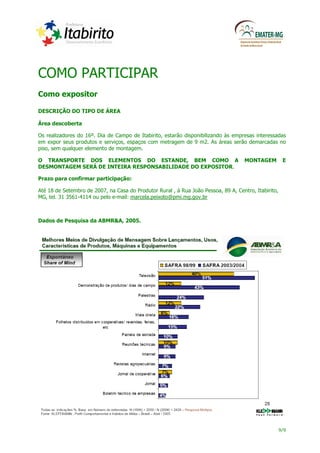 COMO PARTICIPAR
Como expositor

DESCRIÇÃO DO TIPO DE ÁREA

Área descoberta

Os realizadores do 16º. Dia de Campo de Itabirito, estarão disponibilizando às empresas interessadas
em expor seus produtos e serviços, espaços com metragem de 9 m2. As áreas serão demarcadas no
piso, sem qualquer elemento de montagem.

O TRANSPORTE DOS ELEMENTOS DO ESTANDE, BEM COMO A                                    MONTAGEM          E
DESMONTAGEM SERÁ DE INTEIRA RESPONSABILIDADE DO EXPOSITOR.

Prazo para confirmar participação:

Até 18 de Setembro de 2007, na Casa do Produtor Rural , à Rua João Pessoa, 89 A, Centro, Itabirito,
MG, tel. 31 3561-4114 ou pelo e-mail: marcela.peixoto@pmi.mg.gov.br



Dados de Pesquisa da ABMR&A, 2005.




                                                                                                      9/9
 