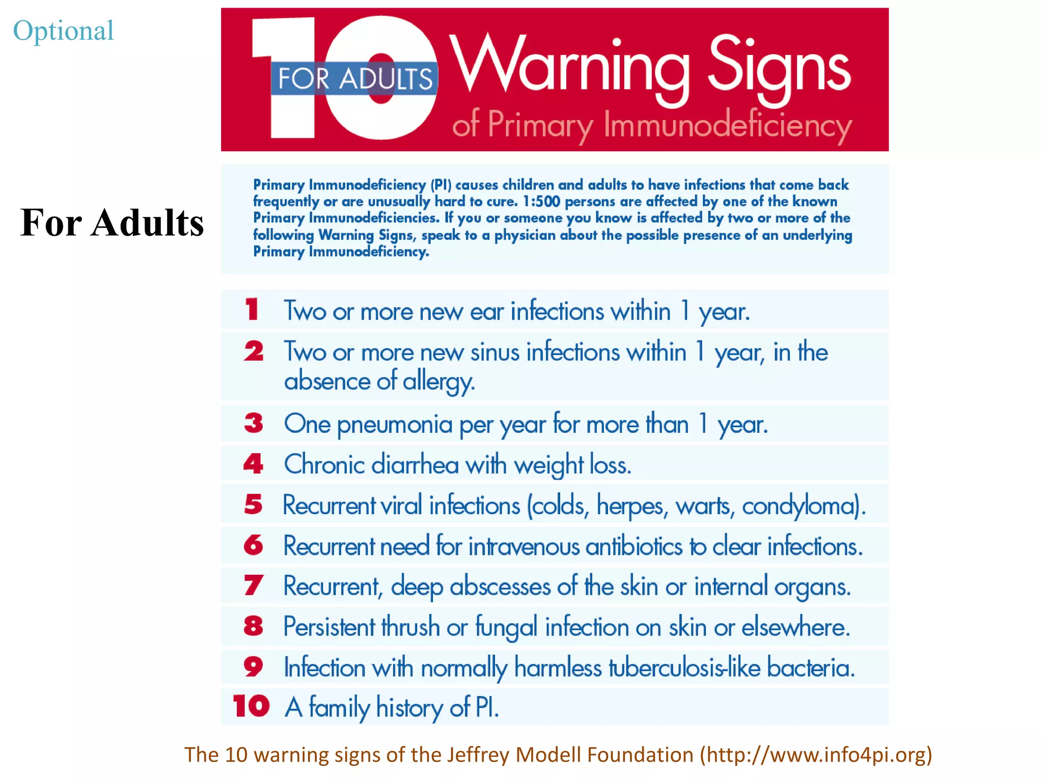 For Adults
The 10 warning signs of the Jeffrey Modell Foundation (http://www.info4pi.org)
Optional
 