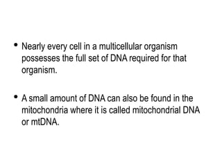 • Nearly every cell in a multicellular organism
possesses the full set of DNA required for that
organism.
• A small amount of DNA can also be found in the
mitochondria where it is called mitochondrial DNA
or mtDNA.
 