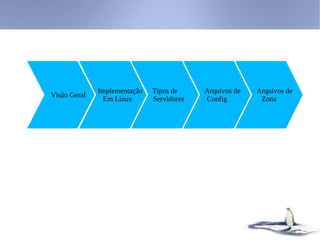 Implementação   Tipos de     Arquivos de   Arquivos de
Visão Geral
               Em Linux       Servidores   Config         Zona
 