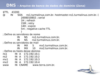 DNS      – Arquivo de banco de dados de domínio (Zona)

$TTL 43200
@      IN    SOA     ns1.turmalinux.com.br. hostmaster.ns1.turmalinux.com.br. (
                2008010802 ; serial
                1H ; refresh
                15M ; retry
                14D ; expire
                5m ; negative cache TTL
                )
; Define os servidores de nome
             IN   NS      ns1.turmalinux.com.br.
             IN   NS      ns2.turmalinux.com.br.
; Define os servidores de mail
             IN   MX      5     mx1.turmalinux.com.br.
             IN   MX      10    mx2.turmalinux.com.br.
; Define os hosts desse domino
ns1       IN A 172.192.10.1
ns2       IN A 172.192.10.2
mx1       IN A 172.192.10.3
mx2       IN A 172.192.10.4
www       IN CNAME        www.terra.com.br.
 