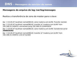 DNS        – Mensagens do servidor de nomes

Mensagens do arquivo de log /var/log/messages


Realiza a transferência de zona do master para o slave

Apr 3 15:45:47 localhost named[9614]: zone madeira.com.br/IN: Transfer started.
Apr 3 15:45:47 localhost named[9614]: transfer of 'madeira.com.br/IN' from
192.168.15.140#53: connected using 192.168.15.224#42614
Apr 3 15:45:47 localhost named[9614]: zone madeira.com.br/IN: transferred serial
2008030302
Apr 3 15:45:47 localhost named[9614]: transfer of 'madeira.com.br/IN' from
192.168.15.140#53: end of transfer
 
