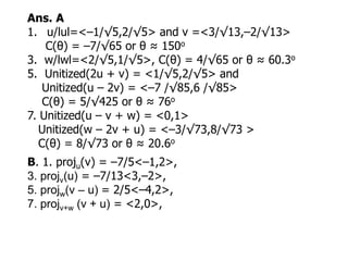 Ans. A
1. u/lul=<–1/√5,2/√5> and v =<3/√13,–2/√13>
C(θ) = –7/√65 or θ ≈ 150o
3. w/lwl=<2/√5,1/√5>, C(θ) = 4/√65 or θ ≈ 60.3o
5. Unitized(2u + v) = <1/√5,2/√5> and
Unitized(u – 2v) = <–7 /√85,6 /√85>
C(θ) = 5/√425 or θ ≈ 76o
7. Unitized(u – v + w) = <0,1>
Unitized(w – 2v + u) = <–3/√73,8/√73 >
C(θ) = 8/√73 or θ ≈ 20.6o
B. 1. proju(v) = –7/5<–1,2>,
3. projv(u) = –7/13<3,–2>,
5. projw(v – u) = 2/5<–4,2>,
7. projv+w (v + u) = <2,0>,
 