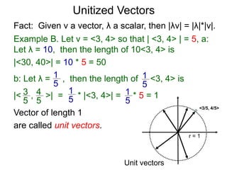 Fact: Given v a vector, λ a scalar, then |λv| = |λ|*|v|.
Example B. Let v = <3, 4> so that | <3, 4> | = 5, a:
Let λ = 10, then the length of 10<3, 4> is
|<30, 40>| = 10 * 5 = 50
b: Let λ = , then the length of <3, 4> is
|< , >| = * |<3, 4>| = * 5 = 1
1
5
1
5
3
5
4
5
1
5
1
5
Vector of length 1
are called unit vectors.
<3/5, 4/5>
r = 1
Unit vectors
Unitized Vectors
 