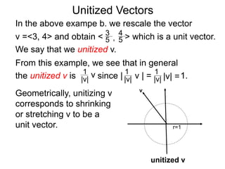 Unitized Vectors
In the above exampe b. we rescale the vector
v =<3, 4> and obtain < > which is a unit vector.
We say that we unitized v.
3
5
4
5,
From this example, we see that in general
the unitized v is since | v | = 1.1
|v|
1
|v| |v| =
1
|v|
v
Geometrically, unitizing v
corresponds to shrinking
or stretching v to be a
unit vector.
v
r=1
unitized v
 