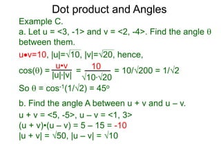 uv=10, |u|=10, |v|=20, hence,
cos() = = = 10/200 = 1/2
So  = cos-1(1/2) = 45o
Dot product and Angles
Example C.
a. Let u = <3, -1> and v = <2, -4>. Find the angle 
between them.
u•v
|u|*|v|
10
10*20
b. Find the angle A between u + v and u – v.
u + v = <5, -5>, u – v = <1, 3>
(u + v)•(u – v) = 5 – 15 = -10
|u + v| = 50, |u – v| = 10
 