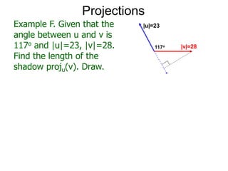 Projections
Example F. Given that the
angle between u and v is
117o and |u|=23, |v|=28.
Find the length of the
shadow proju(v). Draw.
|u|=23
117o |v|=28
 