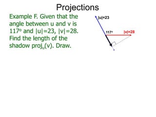 Projections
Example F. Given that the
angle between u and v is
117o and |u|=23, |v|=28.
Find the length of the
shadow proju(v). Draw.
|u|=23
117o |v|=28
 