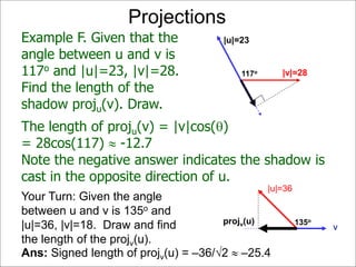 Projections
Example F. Given that the
angle between u and v is
117o and |u|=23, |v|=28.
Find the length of the
shadow proju(v). Draw.
|u|=23
117o |v|=28
The length of proju(v) = |v|cos()
= 28cos(117)  -12.7
Note the negative answer indicates the shadow is
cast in the opposite direction of u.
Your Turn: Given the angle
between u and v is 135o and
|u|=36, |v|=18. Draw and find
the length of the projv(u).
135o
|u|=36
v
Ans: Signed length of projv(u) = –36/2  –25.4
projv(u)
 