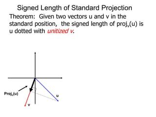 Theorem: Given two vectors u and v in the
standard position, the signed length of projv(u) is
u dotted with unitized v.
Projv(u)
u
v
Signed Length of Standard Projection
 