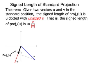 Theorem: Given two vectors u and v in the
standard position, the signed length of projv(u) is
u dotted with unitized v. That is, the signed length
of projv(u) is u•
v
|v|
Projv(u)
u
v
Signed Length of Standard Projection
 