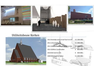 Utiliteitsbouw Kerken
2012 Kerkelijk centrumde Poort te Urk € 2.300.000, -
2011 IchtushofteUrk € 1.900.000, -
2011 Gereformeerdegemeente te Ede € 2.800.000, -
2011 GGiNte Ijsselmuiden € 800.000, -
2010 Elim kerk te Urk € 600.000, -
2009 NHH Kerk te Putten € 1.900.000, -
 