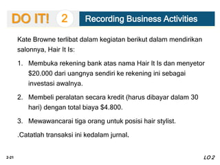 2-21
DO IT!
Kate Browne terlibat dalam kegiatan berikut dalam mendirikan
salonnya, Hair It Is:
1. Membuka rekening bank atas nama Hair It Is dan menyetor
$20.000 dari uangnya sendiri ke rekening ini sebagai
investasi awalnya.
2. Membeli peralatan secara kredit (harus dibayar dalam 30
hari) dengan total biaya $4.800.
3. Mewawancarai tiga orang untuk posisi hair stylist.
.Catatlah transaksi ini kedalam jurnal.
2 Recording Business Activities
LO 2
 