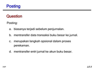 2-27
Posting:
a. biasanya terjadi sebelum penjurnalan.
b. mentransfer data transaksi buku besar ke jurnal.
c. merupakan langkah opsional dalam proses
perekaman.
d. mentransfer entri jurnal ke akun buku besar.
Posting
Question
LO 3
 