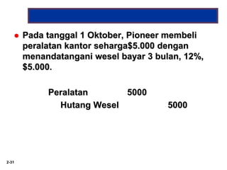 2-31
 Pada tanggal 1 Oktober, Pioneer membeli
peralatan kantor seharga$5.000 dengan
menandatangani wesel bayar 3 bulan, 12%,
$5.000.
Peralatan 5000
Hutang Wesel 5000
 
