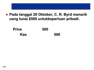 2-37
 Pada tanggal 20 Oktober, C. R. Byrd menarik
uang tunai $500 untukkeperluan pribadi.
Prive 500
Kas 500
 