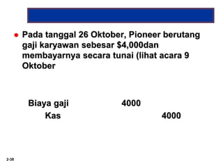 2-38
 Pada tanggal 26 Oktober, Pioneer berutang
gaji karyawan sebesar $4,000dan
membayarnya secara tunai (lihat acara 9
Oktober
Biaya gaji 4000
Kas 4000
 