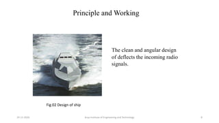 Principle and Working
The clean and angular design
of deflects the incoming radio
signals.
Arya Institute of Engineering and Technology29-11-2020 8
Fig.02 Design of ship
 