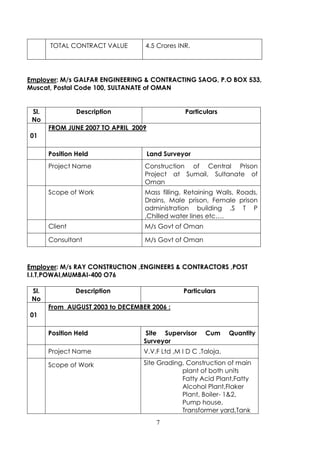 7
TOTAL CONTRACT VALUE 4.5 Crores INR.
Employer: M/s GALFAR ENGINEERING & CONTRACTING SAOG, P.O BOX 533,
Muscat, Postal Code 100, SULTANATE of OMAN
Sl.
No
Description Particulars
01
FROM JUNE 2007 TO APRIL 2009
Position Held Land Surveyor
Project Name Construction of Central Prison
Project at Sumail, Sultanate of
Oman
Scope of Work Mass filling, Retaining Walls, Roads,
Drains, Male prison, Female prison
administration building ,S T P
,Chilled water lines etc….
Client M/s Govt of Oman
Consultant M/s Govt of Oman
Employer: M/s RAY CONSTRUCTION ,ENGINEERS & CONTRACTORS ,POST
I.I.T,POWAI,MUMBAI-400 O76
Sl.
No
Description Particulars
01
From AUGUST 2003 to DECEMBER 2006 :
Position Held Site Supervisor Cum Quantity
Surveyor
Project Name V.V.F Ltd ,M I D C ,Taloja,
Scope of Work Site Grading, Construction of main
plant of both units
Fatty Acid Plant,Fatty
Alcohol Plant,Flaker
Plant, Boiler- 1&2,
Pump house,
Transformer yard,Tank
 