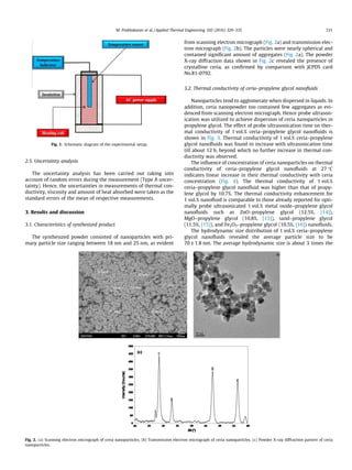 2.5. Uncertainty analysis
The uncertainty analysis has been carried out taking into
account of random errors during the measurement (Type A uncer-
tainty). Hence, the uncertainties in measurements of thermal con-
ductivity, viscosity and amount of heat absorbed were taken as the
standard errors of the mean of respective measurements.
3. Results and discussion
3.1. Characteristics of synthesized product
The synthesized powder consisted of nanoparticles with pri-
mary particle size ranging between 18 nm and 25 nm, as evident
from scanning electron micrograph (Fig. 2a) and transmission elec-
tron micrograph (Fig. 2b). The particles were nearly spherical and
contained signiﬁcant amount of aggregates (Fig. 2a). The powder
X-ray diffraction data shown in Fig. 2c revealed the presence of
crystalline ceria, as conﬁrmed by comparison with JCPDS card
No.81-0792.
3.2. Thermal conductivity of ceria–propylene glycol nanoﬂuids
Nanoparticles tend to agglomerate when dispersed in liquids. In
addition, ceria nanopowder too contained few aggregates as evi-
denced from scanning electron micrograph. Hence probe ultrason-
ication was utilized to achieve dispersion of ceria nanoparticles in
propylene glycol. The effect of probe ultrasonication time on ther-
mal conductivity of 1 vol.% ceria–propylene glycol nanoﬂuids is
shown in Fig. 3. Thermal conductivity of 1 vol.% ceria–propylene
glycol nanoﬂuids was found to increase with ultrasonication time
till about 12 h, beyond which no further increase in thermal con-
ductivity was observed.
The inﬂuence of concentration of ceria nanoparticles on thermal
conductivity of ceria–propylene glycol nanoﬂuids at 27 °C
indicates linear increase in their thermal conductivity with ceria
concentration (Fig. 4). The thermal conductivity of 1 vol.%
ceria–propylene glycol nanoﬂuid was higher than that of propy-
lene glycol by 10.7%. The thermal conductivity enhancement for
1 vol.% nanoﬂuid is comparable to those already reported for opti-
mally probe ultrasonicated 1 vol.% metal oxide–propylene glycol
nanoﬂuids such as ZnO–propylene glycol (12.5%, [14]),
MgO–propylene glycol (10.8%, [13]), sand–propylene glycol
(11.5%, [15]), and Fe2O3–propylene glycol (10.5%, [16]) nanoﬂuids.
The hydrodynamic size distribution of 1 vol.% ceria–propylene
glycol nanoﬂuids revealed the average particle size to be
70 ± 1.8 nm. The average hydrodynamic size is about 3 times the
Fig. 1. Schematic diagram of the experimental setup.
Fig. 2. (a) Scanning electron micrograph of ceria nanoparticles. (b) Transmission electron micrograph of ceria nanoparticles. (c) Powder X-ray diffraction pattern of ceria
nanoparticles.
M. Prabhakaran et al. / Applied Thermal Engineering 102 (2016) 329–335 331
 