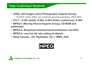 8
Video Compression Standards
 JPEG, still images (Joint Photographic Experts Group)
• M-JPEG; motion JPEG, not a standard, generally proprietary, JPEG 2000
 ITU-T : H.261 (px64), H.262, H.263 (Video conference), H.264
 MPEG-1 (Moving Picture Experts Group), CD-ROM and
multimedia
 MPEG-2, Broadcast entertainment/contribution and DVD
 MPEG-4, very low bit rate coding of objects
 Other formats - DV, RealVideo, VC-1, WMV, XVD
 