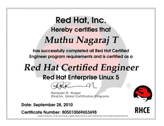 Red Hat, Inc.
Hereby certiﬁes that
Muthu Nagaraj T
has successfully completed all Red Hat Certiﬁed
Engineer program requirements and is certiﬁed as a
Red Hat Certiﬁed Engineer
Red Hat Enterprise Linux 5
 
¡¢
£¤
¥
¦§
 
¨
 
©


¥
¥




¤


¥
¤

¡
¥




!

¡


¤
¢


¤
#

¡$

Date: September 28, 2010
Certiﬁcate Number: 805010069653698
Copyright (c) 2003 Red Hat, Inc. All rights reserved. Red Hat is a registered trademark of Red Hat, Inc. Verify this certiﬁcate number at http://www.redhat.com/training/certiﬁcation/verify
 