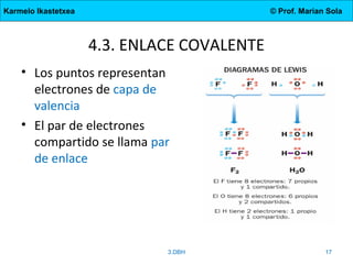 Karmelo Ikastetxea © Prof. Marian Sola
4.3. ENLACE COVALENTE
• Los puntos representan
electrones de capa de
valencia
• El par de electrones
compartido se llama par
de enlace
3.DBH 17
 
