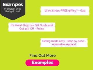 Find Out More
Want stress-FREE gifting? - Gap
It`s Here! Shop our Gift Guide and
Get 15% Off - Folica
Examples
Examples
of...