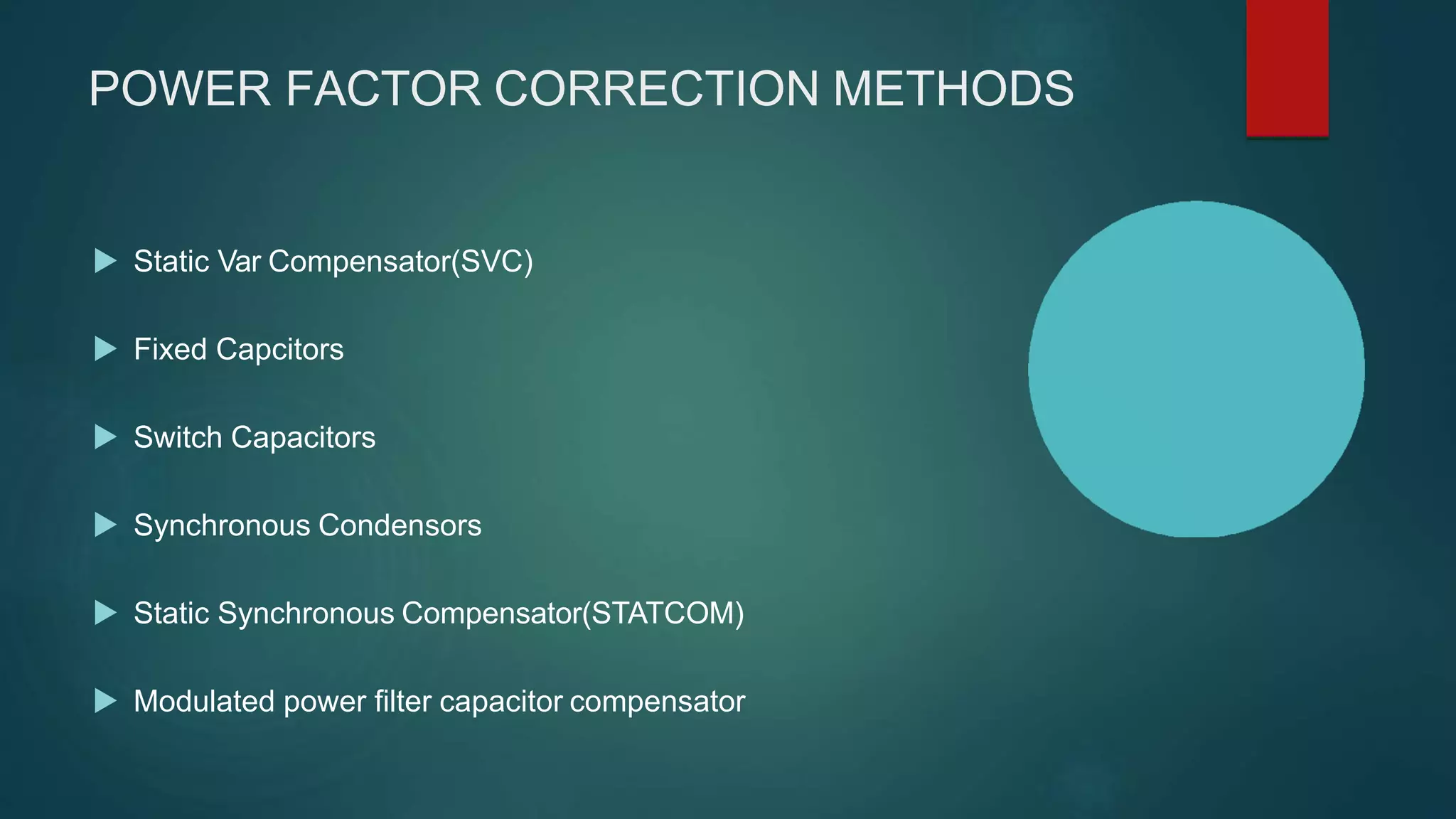 POWER FACTOR CORRECTION METHODS
 Static Var Compensator(SVC)
 Fixed Capcitors
 Switch Capacitors
 Synchronous Condensors
 Static Synchronous Compensator(STATCOM)
 Modulated power filter capacitor compensator
 