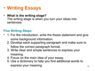 Writing Essays What is the writing stage? The writing stage is when you turn your ideas into sentences.  Five Writing Steps:   1. For the introduction, write the thesis statement and give  some background information. 2. Develop each supporting paragraph and make sure to  follow the correct paragraph format. 3. Write clear and simple sentences to express your  meaning. 4. Focus on the main idea of your essay. 5. Use a dictionary to help you find additional words to  express your meaning.   