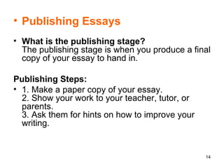 Publishing Essays What is the publishing stage? The publishing stage is when you produce a final copy of your essay to hand in.  Publishing Steps:   1. Make a paper copy of your essay. 2. Show your work to your teacher, tutor, or parents. 3. Ask them for hints on how to improve your writing.   