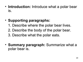 Introduction:  Introduce what a polar bear is. Supporting paragraphs: 1. Describe where the polar bear lives. 2. Describe the body of the polar bear. 3. Describe what the polar eats. Summary paragraph:  Summarize what a polar bear is. 