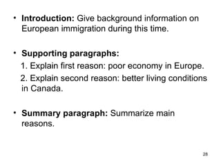 Introduction:  Give background information on European immigration during this time.  Supporting paragraphs: 1. Explain first reason: poor economy in Europe. 2. Explain second reason: better living conditions in Canada.  Summary paragraph:  Summarize main reasons.   