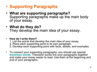 Supporting Paragraphs What are supporting paragraphs? Supporting paragraphs make up the main body of your essay.  What do they do? They develop the main idea of your essay.  How do I write them? 1. List the points that develop the main idea of your essay. 2. Place each supporting point in its own paragraph. 3. Develop each supporting point with facts, details, and examples. To connect your supporting paragraphs, you should use special  transition words.  Transition words link your paragraphs together and make your essay easier to read. Use them at the beginning and end of your paragraphs.  