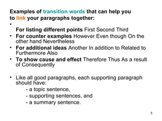 Examples of  transition words  that can help you  to  link   your paragraphs together:   For listing different points  First Second Third For counter examples  However Even though On the other hand Nevertheless For additional ideas  Another In addition to Related to Furthermore Also To show cause and effect  Therefore Thus As a result of Consequently Like all good paragraphs, each supporting paragraph should have: - a topic sentence,  - supporting sentences, and  - a summary sentence.    