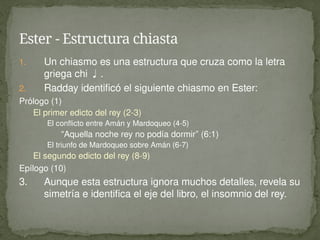 1. Un chiasmo es una estructura que cruza como la letra
griega chi .
2. Radday identificó el siguiente chiasmo en Ester:
Prólogo (1)
El primer edicto del rey (2-3)
El conflicto entre Amán y Mardoqueo (4-5)
“Aquella noche rey no podía dormir” (6:1)
El triunfo de Mardoqueo sobre Amán (6-7)
El segundo edicto del rey (8-9)
Epílogo (10)
3. Aunque esta estructura ignora muchos detalles, revela su
simetría e identifica el eje del libro, el insomnio del rey.
Ester - Estructura chiasta
 