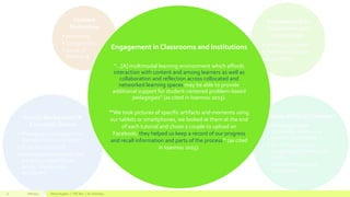 Fall 2015 Allison Hughes | ITEC 800 | Dr. Donohue11
Engagement in Classrooms and Institutions
“…[A] multimodal learning environment which affords
interaction with content and among learners as well as
collaboration and reflection across collocated and
networked learning spaces may be able to provide
additional support for student-centered problem-based
pedagogies” (as cited in Ioannou 2015).
“’We took pictures of specific artifacts and moments using
our tablets or smartphones, we looked at them at the end
of each tutorial and chose a couple to upload on
Facebook; they helped us keep a record of our progress
and recall information and parts of the process’” (as cited
in Ioannou 2015).
 