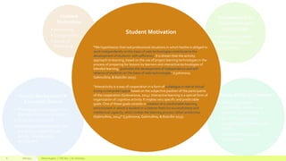 Fall 2015 Allison Hughes | ITEC 800 | Dr. Donohue8
Student Motivation
“We hypothesize that real professional situations in which he/she is obliged to
work independently on the basis of web technologies contribute to the
development of students’ self-sufficiency. It is shown that the activity
approach to learning, based on the use of project learning technologies in the
process of preparing for lessons by learners and interactive technologies of
blended learning, promotes the development of independence and self-
reliance of students on the basis of web technologies” (Ljubimova,
Galimullina, & Ibatullin 2015).
“Interactivity is a way of cooperation in a form of a dialogue in real or virtual
(using a computer) space based on the subjective position of the participants
of the cooperation (Golovanova, 2014). Interactive learning is a special form of
organization of cognitive activity. It implies very specific and predictable
goals. One of these goals consists in creation of a comfortable learning
environment in which a student or a listener feels his successfulness and
intellectual capacity, which makes the learning process rather productive
(Galimullina, 2014)” (Ljubimova, Galimullina, & Ibatullin 2015).
 