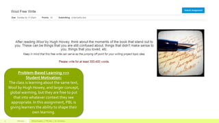Fall 2015 Allison Hughes | ITEC 800 | Dr. Donohue9
Problem-Based Learning >>>
Student Motivation:
The class is learning about the same text,
Wool by Hugh Howey, and larger concept,
global warming, but they are free to put
that into whatever context they see
appropriate. In this assignment, PBL is
giving learners the ability to shape their
own learning.
 