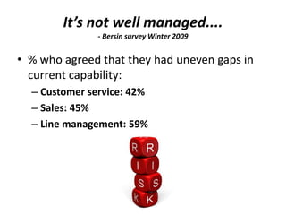 It’s not well managed....
- Bersin survey Winter 2009
• % who agreed that they had uneven gaps in
current capability:
– Customer service: 42%
– Sales: 45%
– Line management: 59%
 