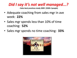 Did I say it’s not well managed...?
- Sales best practices study 2009 (3500 s’people)
• Adequate coaching from sales mgr in ave
week: 22%
• Sales mgr spends less than 10% of time
coaching: 52%
• Sales mgr spends no time coaching: 33%
 