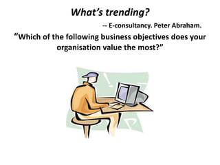 What’s trending?
-- E-consultancy. Peter Abraham.
“Which of the following business objectives does your
organisation value the most?”
 