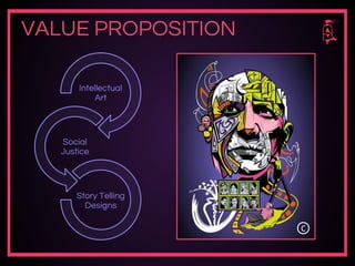 VALUE PROPOSITION
C
Intellectual
Art
Social
Justice
Story Telling
Designs
 